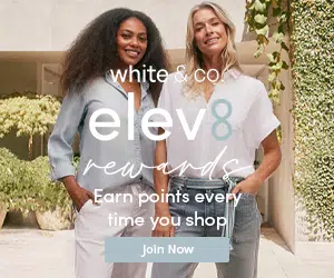 White & Co. Elev8 Rewards ad showing two women in linen outfits: 